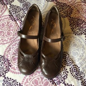 A2 dark brown Mary Jane style shoes with low heel